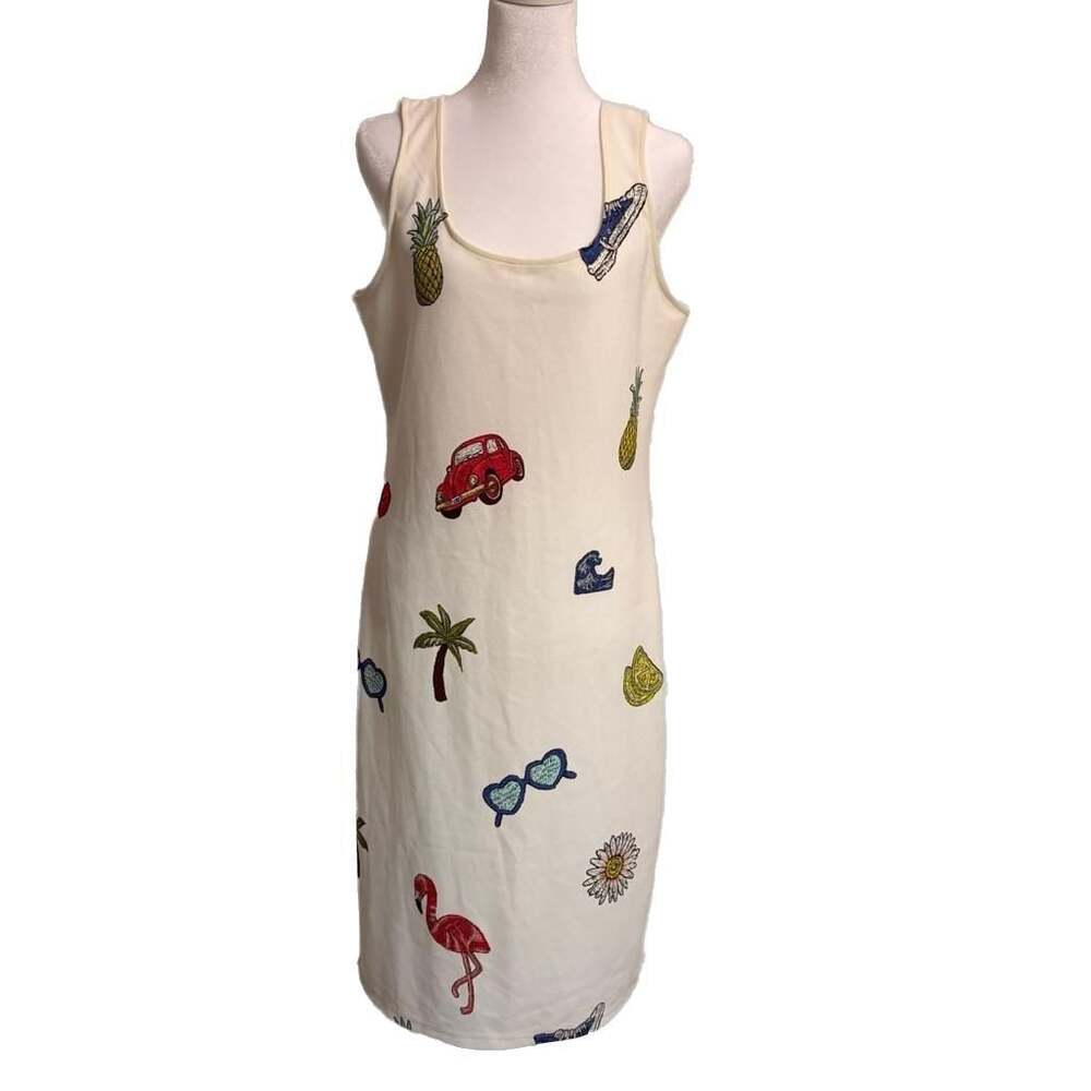 Nicole Miller Studio White Kitschy Whimsical Resort Vacation Summer Dress L/XL